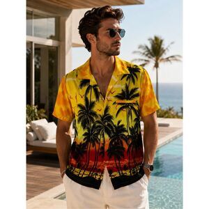 V.H.O Hawaiian Shirt Men’s Size L Tropical Palm Tree Sunset Beach Button Front C